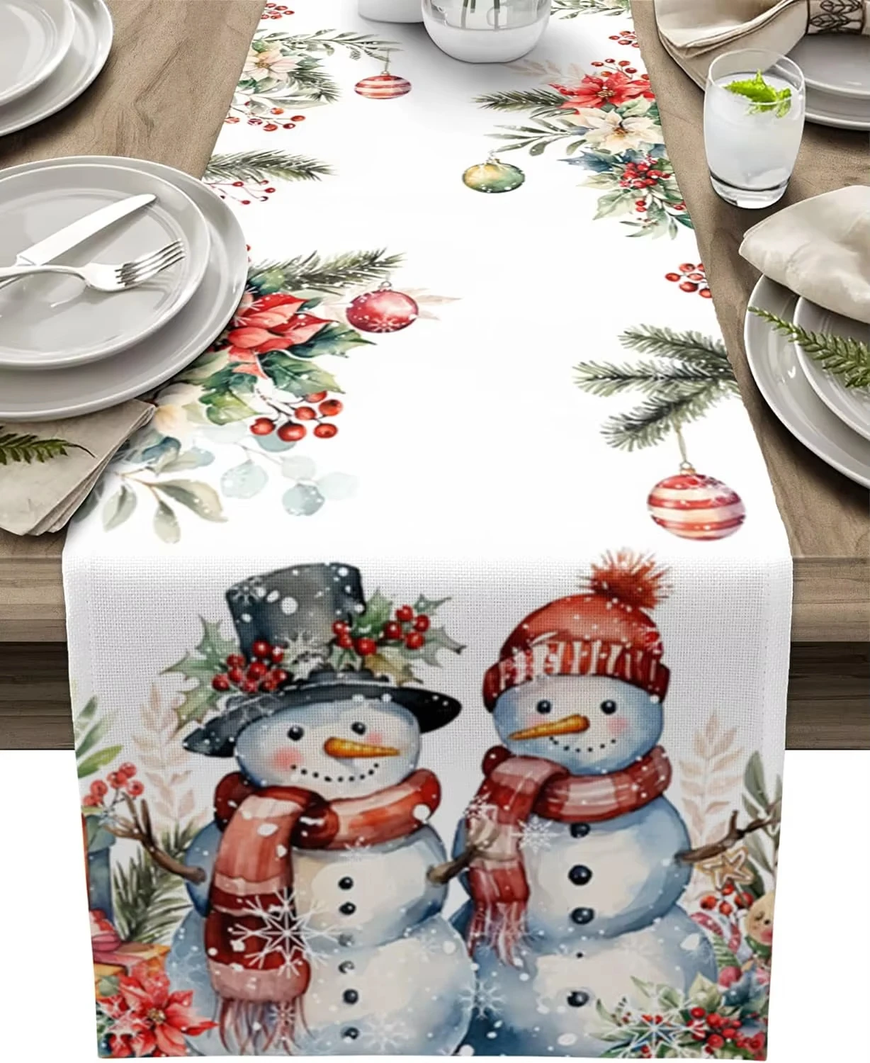 

1pc Christmas Snowman Pinecone Holly Berry Linen Tablecloth, Winter Xmas Kitchen Dining Table Cover, Festive Holiday Decor