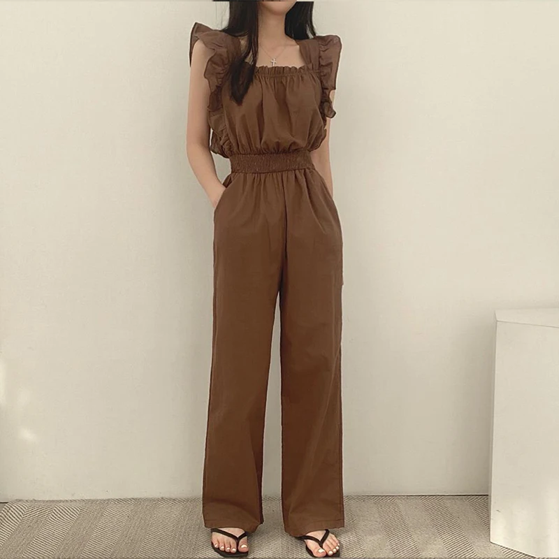 

Summer Y2K Korean Style Vintage Harajuku Lady Jumpsuits Solid Fashion Waist Women's Clothing Square Collar Ruffle Female Clothes