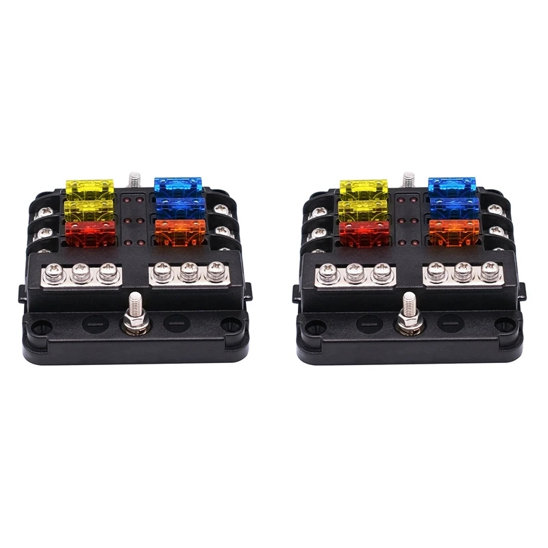 2X 6-Way Waterproof Fuse Block,With LED Indicator 12 Circuits With Negative Marine Fuse Box For Dc 12/24V Car Boat