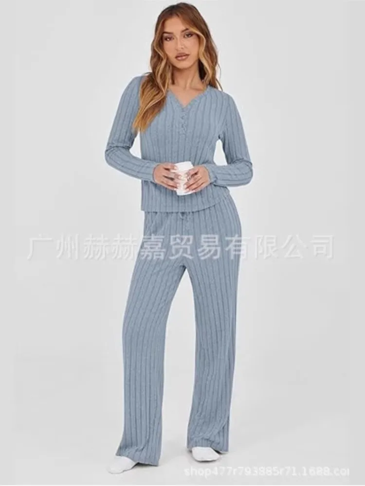 

2025 Autumn New Casual Long-sleeved V-neck Top Set For Women's Sweatshirt Loose Lace-up Trousers Women's Two-piece Set