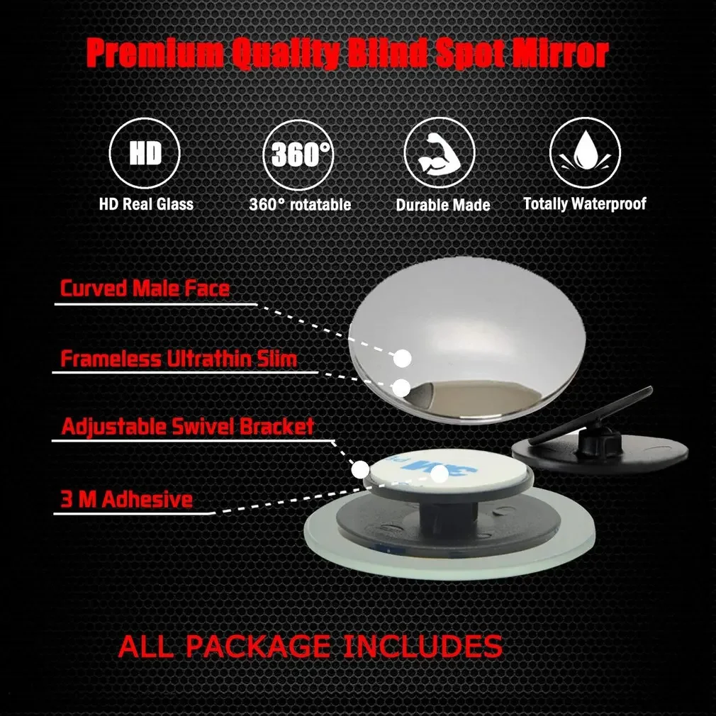 2pcs Car Rearview Mirror Round Mirror Reflective Blind Spot Adjustable 360 Degree Borderless Auxiliary Blind Spot Mirror