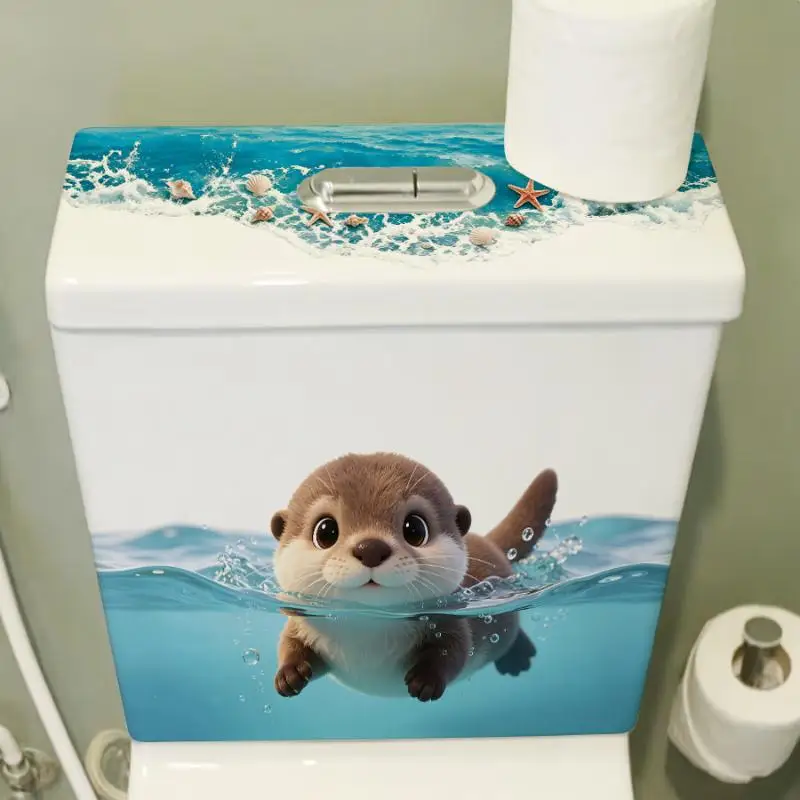 New Cute Otter Toilet Tank Sticker Ocean Wave Vinyl Decal For Bathroom Adhesive Wall Art Home Decor Accessories