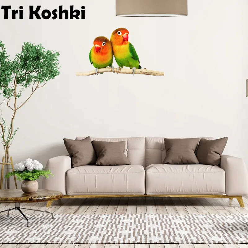 Tri koshki RC026 pegatina de pared familiar, decoración de PVC impermeable, pájaro Animal, loro verde-rojo, puerta, sala de estar, habitación de