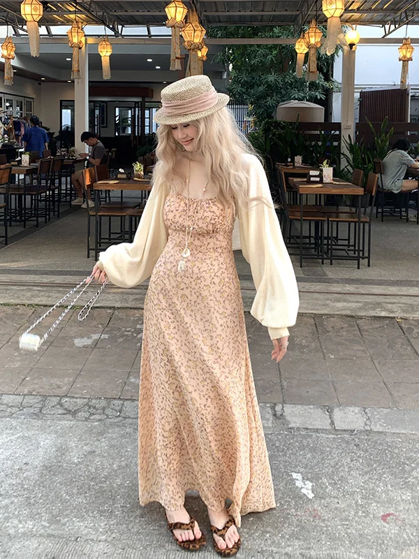 

plus Size Floral Print Gown Women's Summer Spring Soft Style Belted Slimming Design Knee-Length Dress Korean Style A-Line Dress