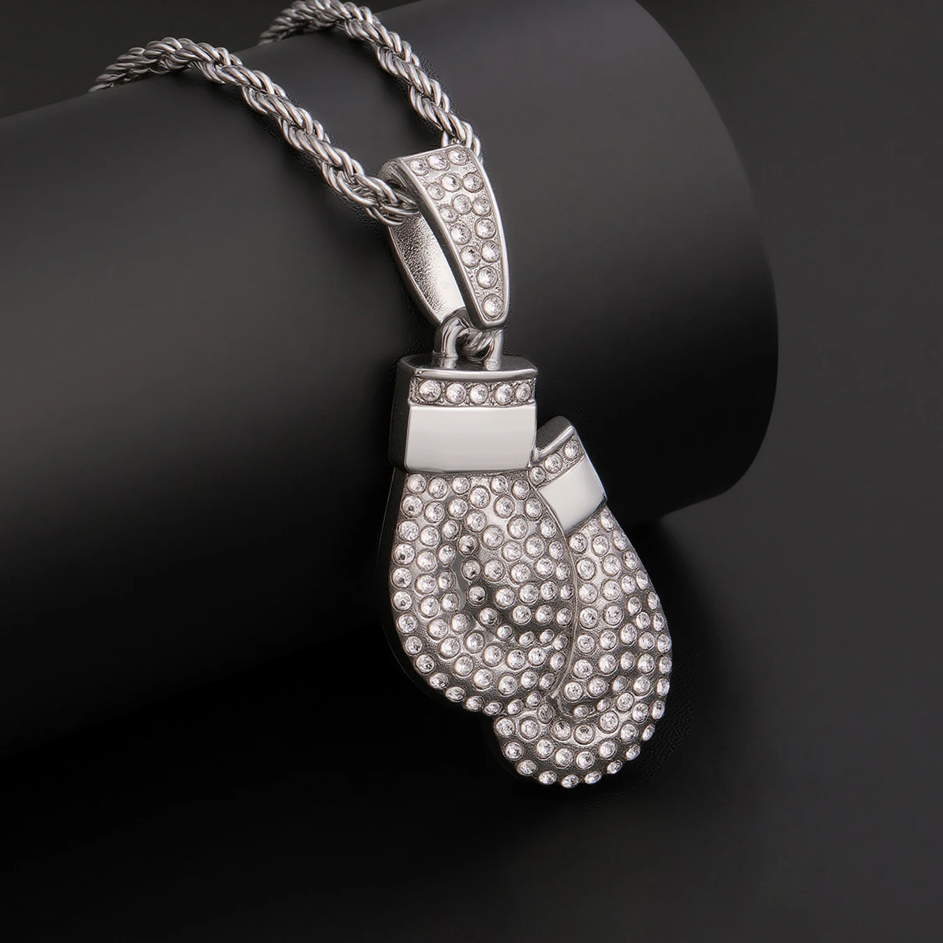 Fashion Luxury Zinc Alloy Paved Rhinestone Boxing Gloves Necklace for Men ABCD Jewelry Boxing Accessories Gift for Him