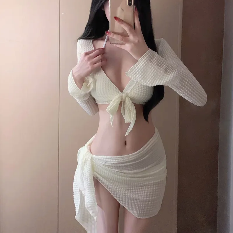 

Комплекты бикини с длинными рукавами, женские однотонные сексуальные тонкие ажурные модные шикарные пляжные каникулы, 4-секционные купальники на шнурке в корейском стиле