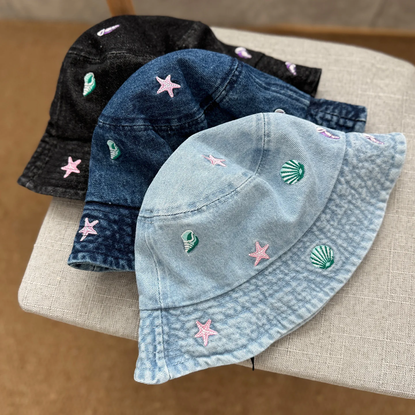 New Adult Summer Denim Bucket Hat For Women Embroidery Sea Shell Best Matched Outdoor Beach Sunshade Fisherman Cap Bonnets Gift