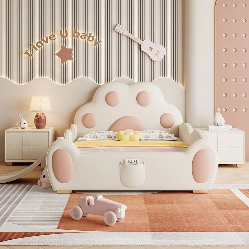 cute cat claw shape Bed 1.8m princess guardrail with slide comfortable 150x200 bed soft solid wood camas bedroom furniture
