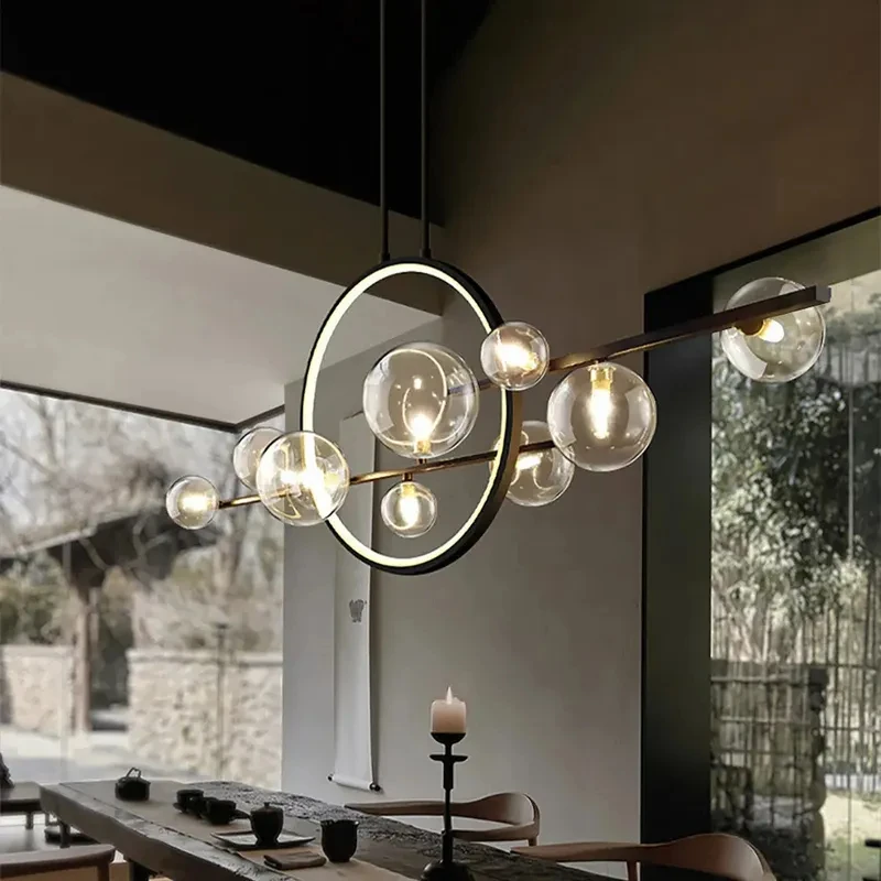 10-Light Modern Kitchen Black Glass Bubble Chandelier Pendant Light Kitchen Island With Glass Globe Shade