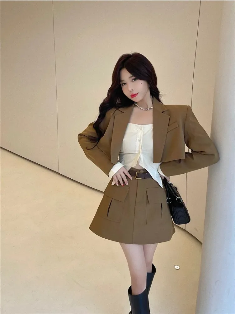 Insozkdg Hot Girl Short Suit Blazer Spring Autumn Slimming Women's Suit Jacket Top Irregular Shirt A-line Skirt Three-piece Set