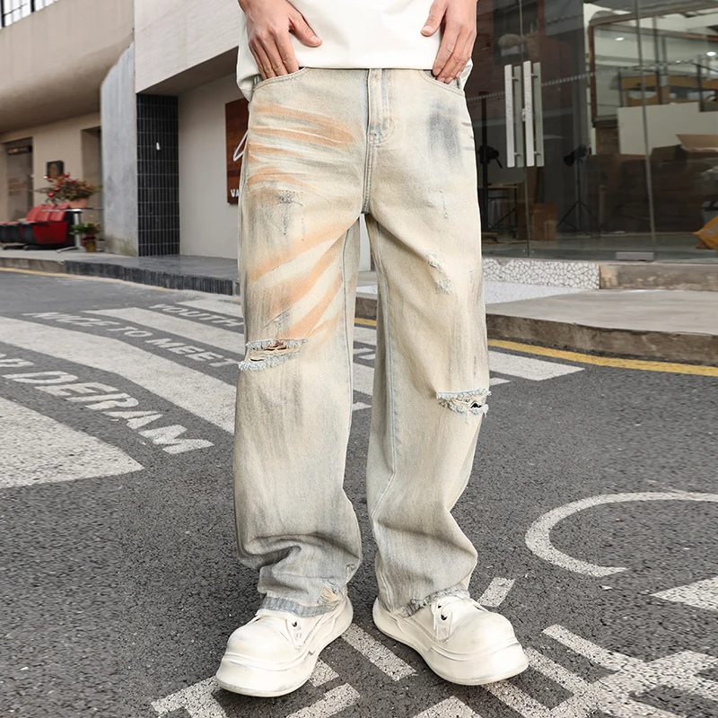 

Мужские рваные свободные джинсы в корейском стиле, уличная одежда в стиле хип-хоп, винтажные прямые брюки, мешковатые брюки для грязной стирки, мужские