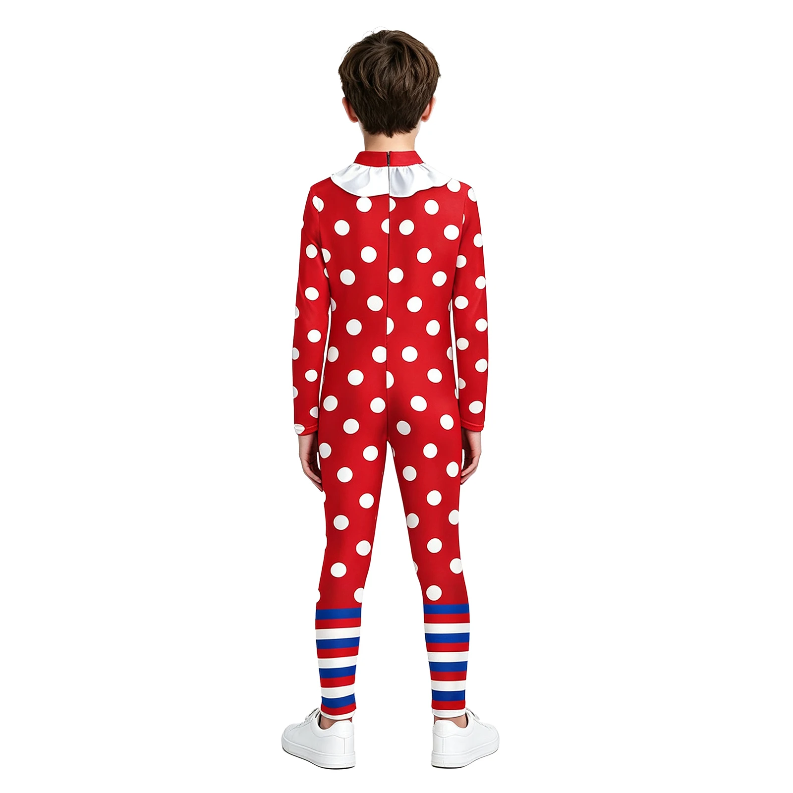 Children Halloween Clown Cosplay Costume Long Sleeve Printed Red Pompoms Jumpsuit Carnival Joker Jester Theme Party Dress Up