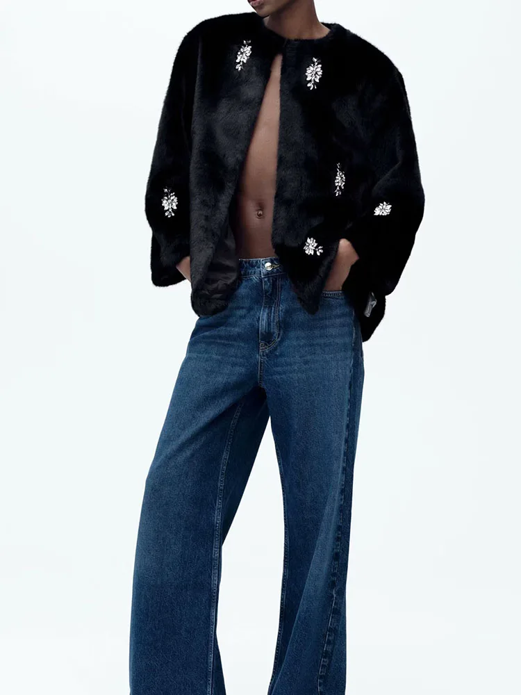 Printemps 2025 nouvelles femmes Faionable Long Sve fourrure garnie manteau chaud bijoux décoré vêtements d'extérieur polyvalents trajet Sle