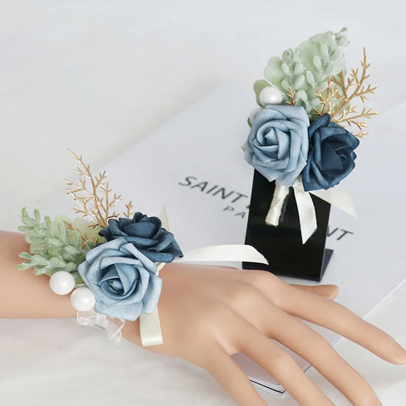 1/6PCS Luxurious Blue Rose Wedding Wrist Corsage & Boutonniere Set - Chic Accessory for Bride, Groom & Party, Adds Elegant Unity