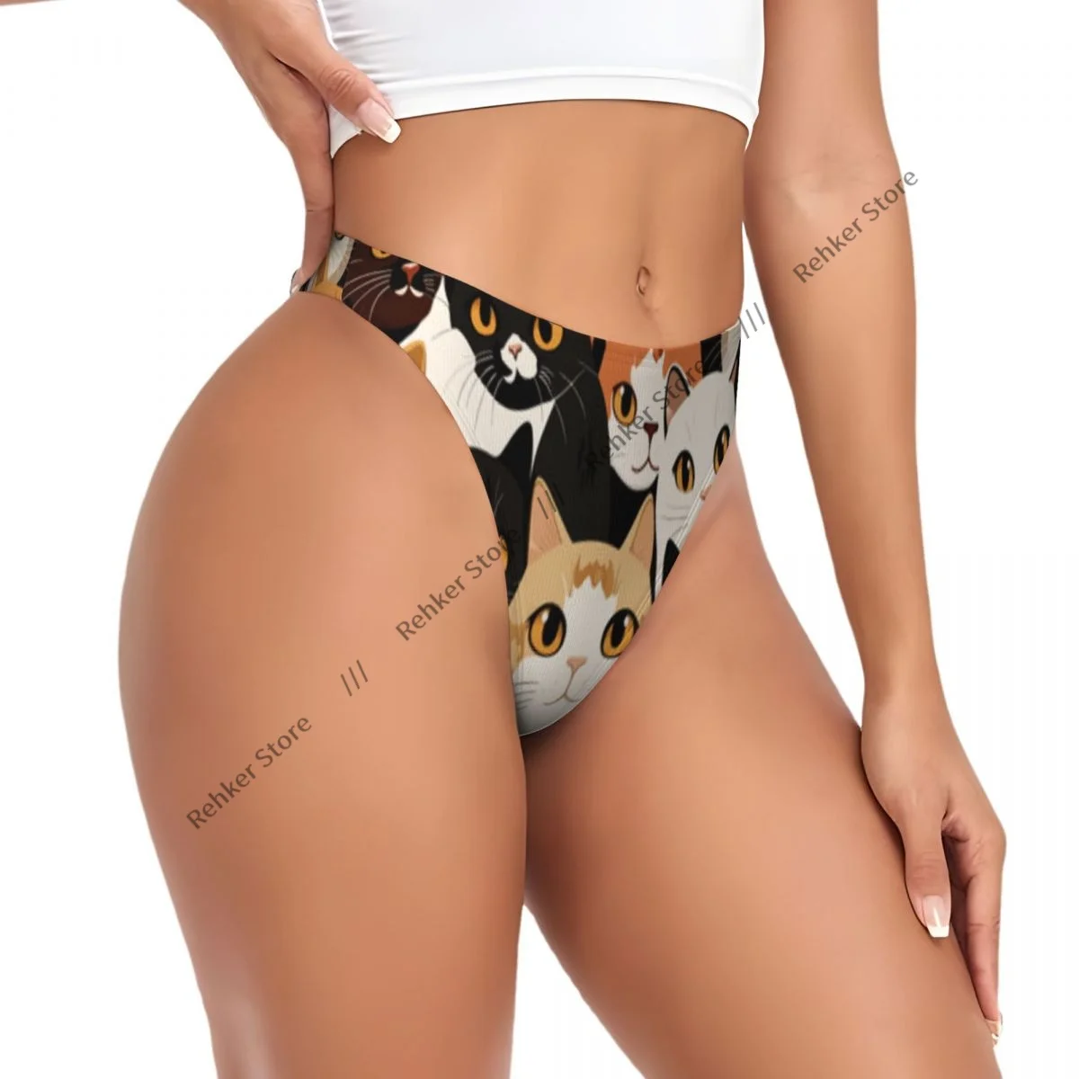 Sexy Women Underwear Cartoon Cats Print Thong Panties G-string