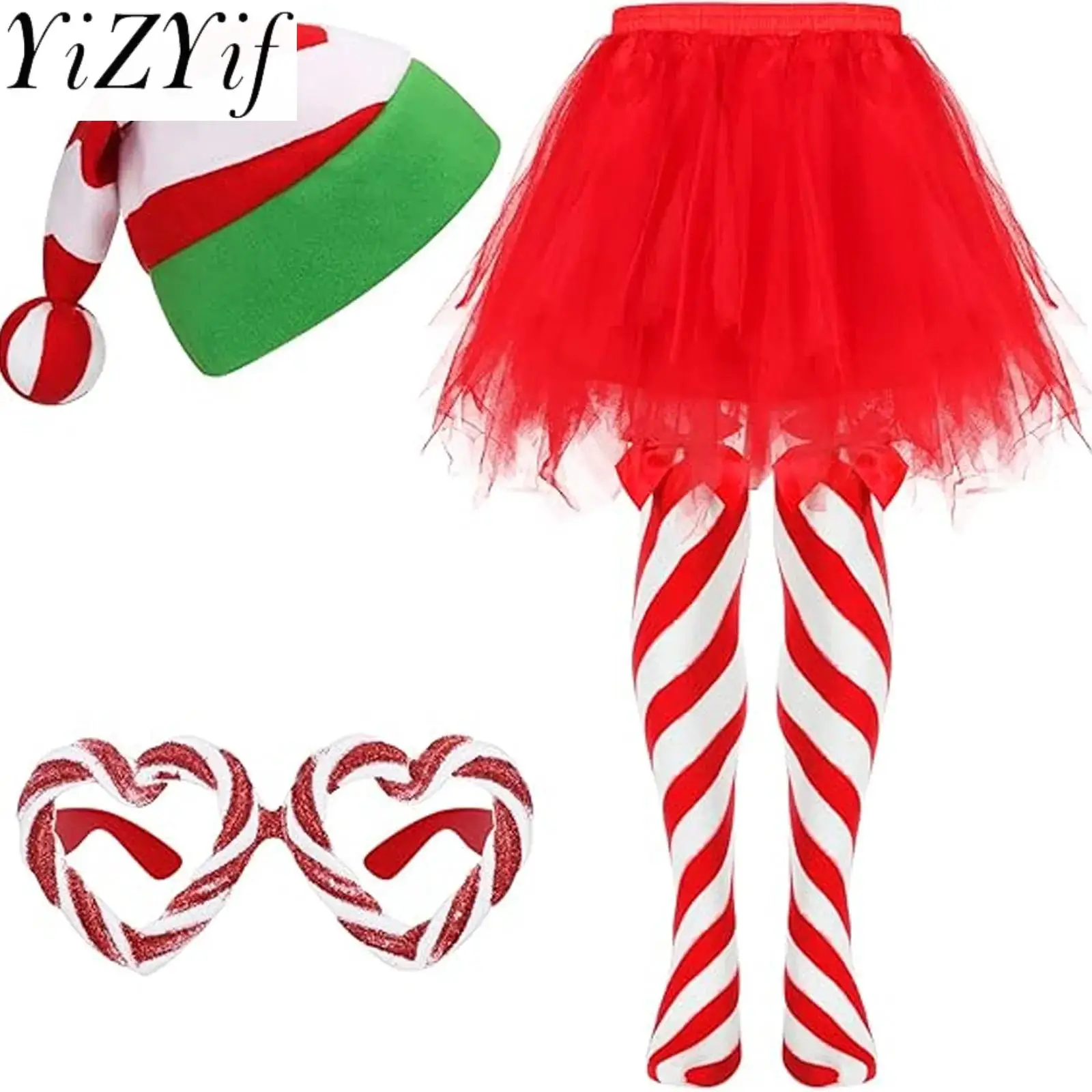 

Christmas Cosplay Accessory Costume Dress Up Set Santa Hat Tutu Skirt Striped Tights Glitter Frame Christmas Glasses for Women