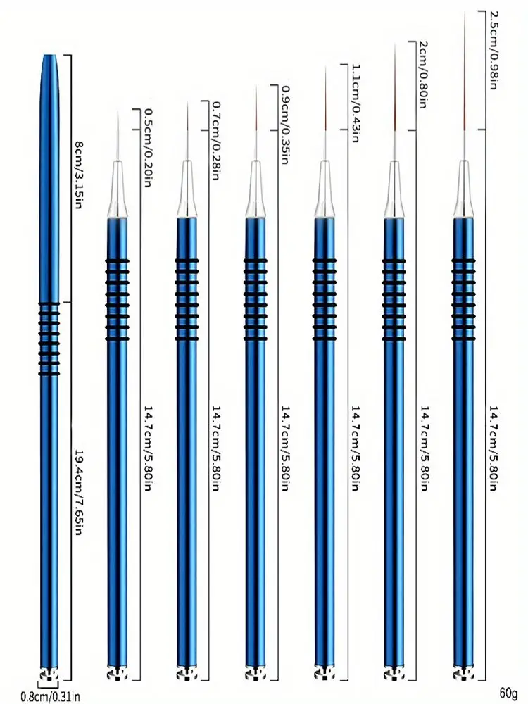 6 قطع من فرشاة تصميم فن الأظافر، خطوط طويلة رفيعة، قلم رسم منقط، طلاء جل بالأشعة فوق البنفسجية، فرش مقبض معدني