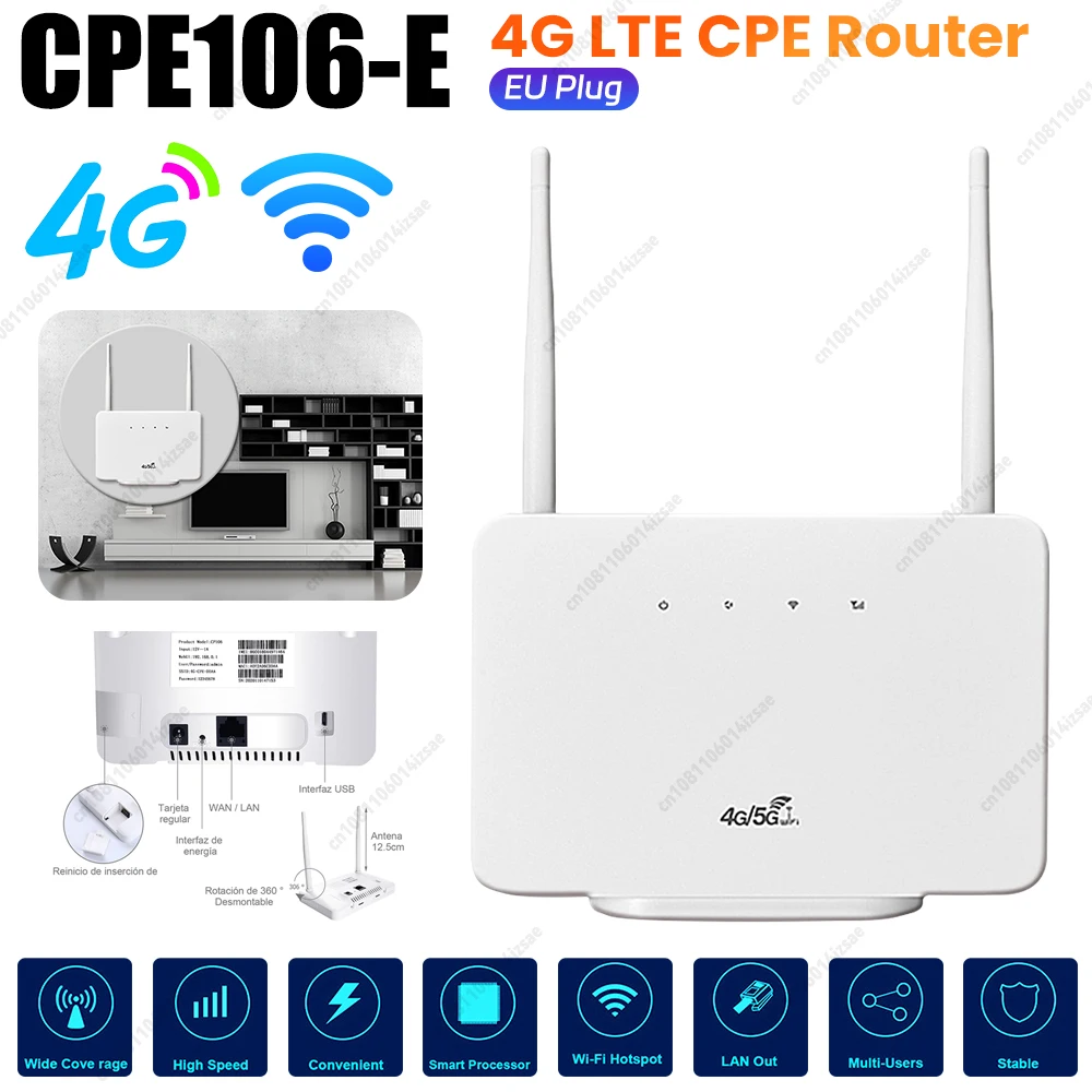 

4G LTE CPE Router Hotspot Modem 300Mbps 4G Router Wireless Modem External Antenna with Sim Card Slot EU Plug for Home Travel