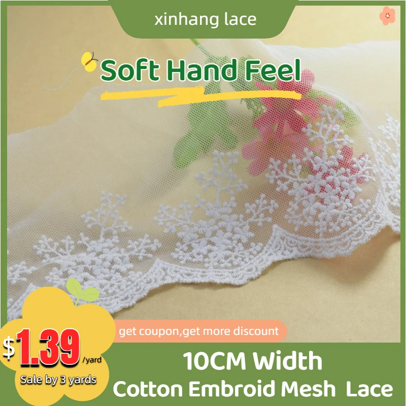 

3yards 10cm Wide White Cotton Embroidery Sewing Ribbon Lace Fabric Trim Warp Knitting DIY Garment Accessories African Lace #1793