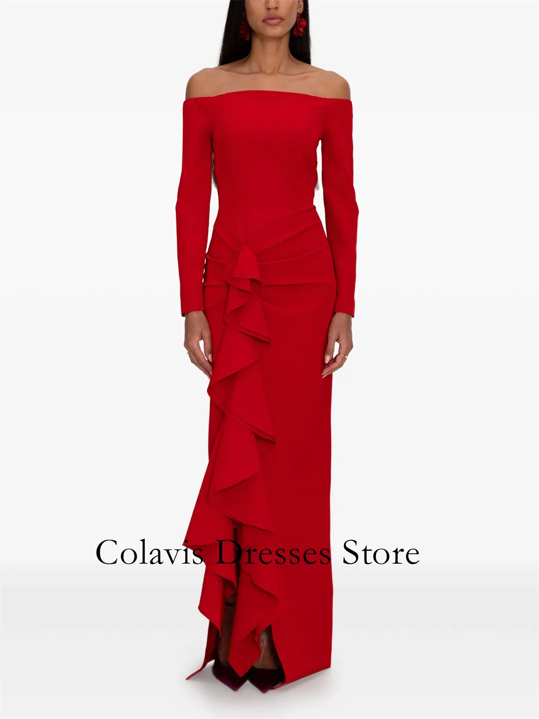 

2025 Индивидуальные платья с открытыми плечами и оборками с длинными рукавами, красные креповые платья для выпускного вечера, вечернее платье, женские вечерние платья, вечернее платье