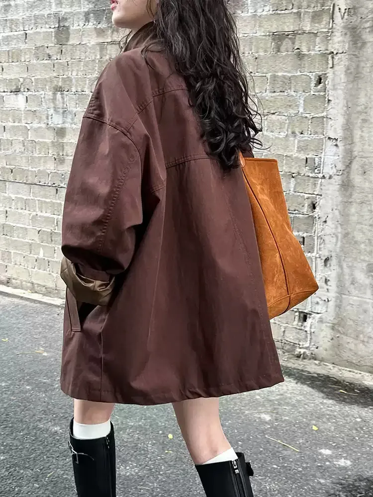 Locker geschnittene Jacke, Oversize, schlichtes Hemd, Basic-Trenchcoat für Damen, mit Revers, einreihig, einfarbig, mit Taschen, Mantel, koreanischer Boyfriend-Stil, Neu. – Detail 5