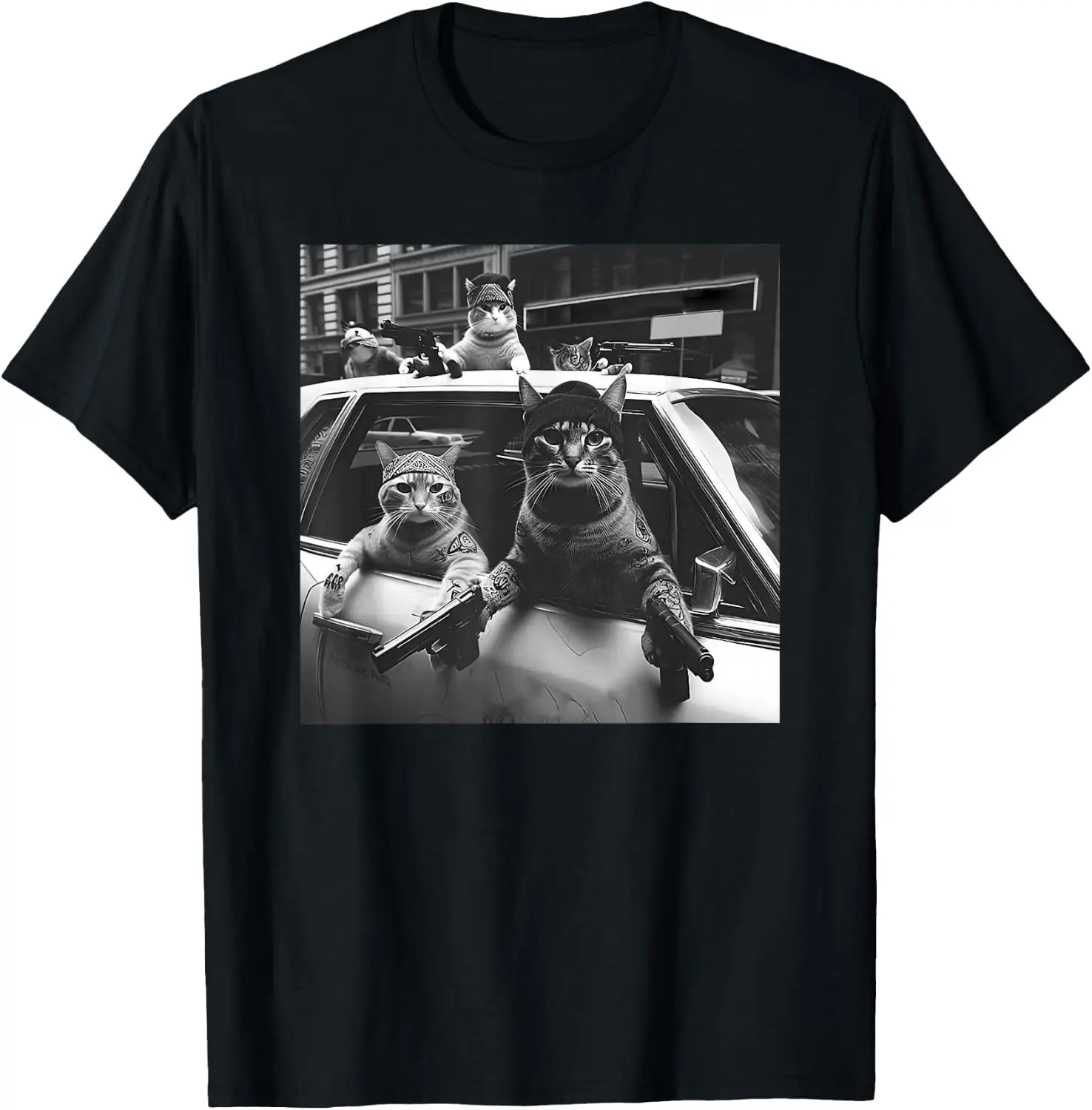 Funny Cat Gang Vintage T-Shirt Men T Shirt Vintage Cat Pattern Graphic Tee, Funny Cat Print Crew Neck Short-Sleeve Top, Casual Daily Wear Men Cotton T-Shirt.