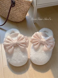 Bowknot Cotton Home Slippers For Women's Winter 2023 Korean Plush Indoor Plush Slipper Warm Indoor Household Shoes