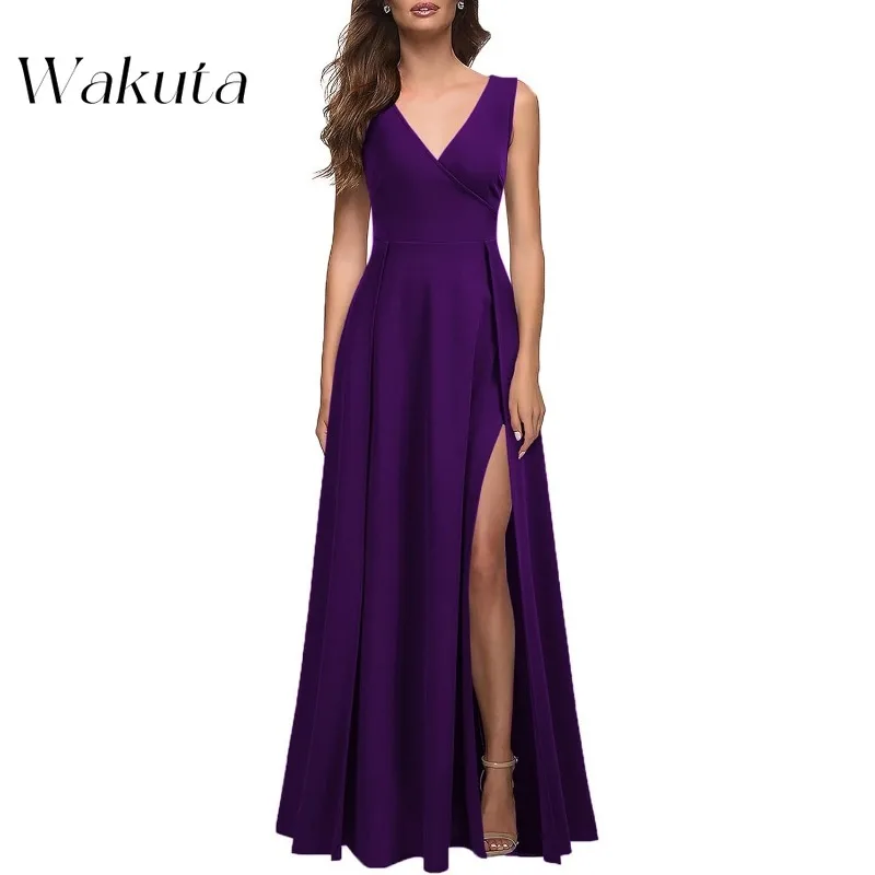 Wakuta Fashion Elegant V-Neck Sleeveless Solid Guest Dresses Classic Waist Slim High Split Cocktail Party Vestidos De Madrina