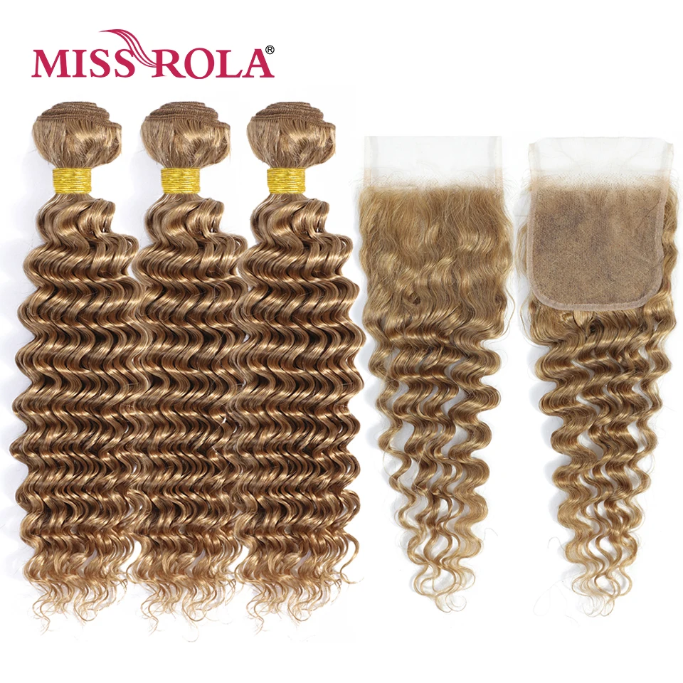 Miss Rola – tissage en lot Deep Wave brésilien Remy avec Lace Closure blond 99J ombré, 4x4, qualité