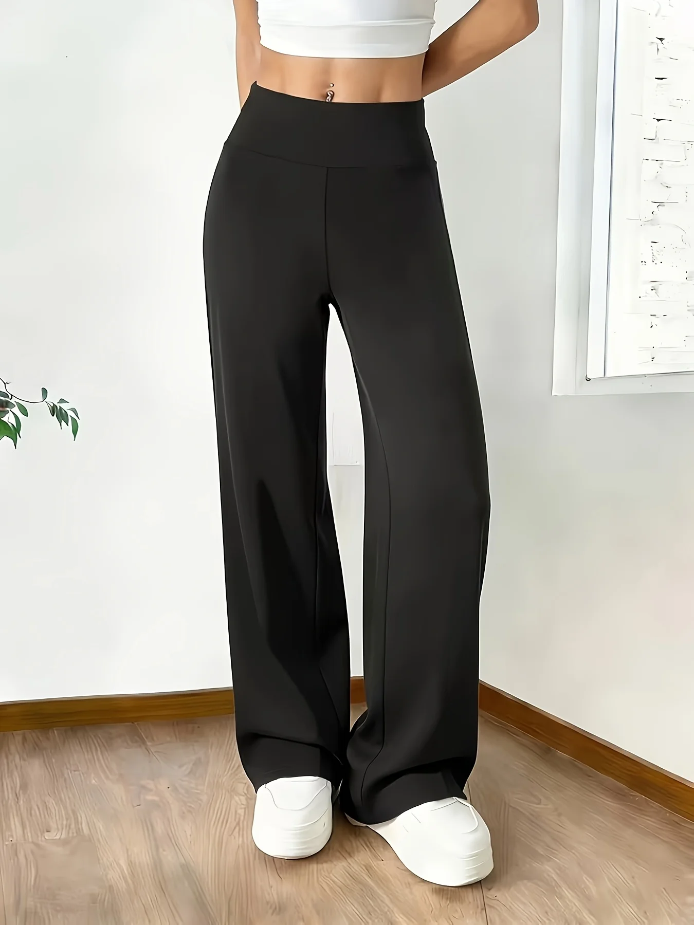 Schwarze High-Waist-Yogahose für Damen – Sportleggings mit weitem Bein, vierfache Elastizität, geeignet für Yoga, Laufen und Freizeitkleidung – Detail 2
