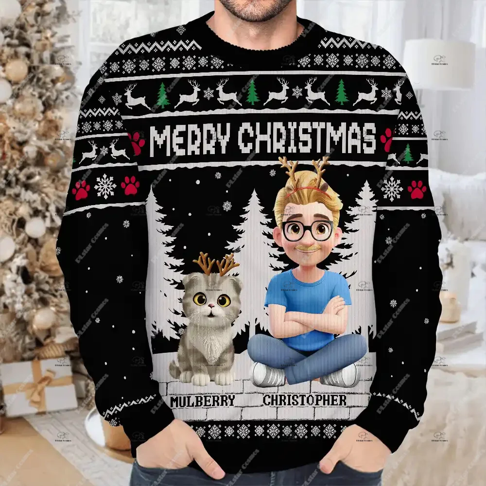 Custom Name Photos Christmas Couple Family Pet Outfit Vintage Ugly Sweater 3DPrint Harajuku Pullover Casual Funny Long Sleeves 4