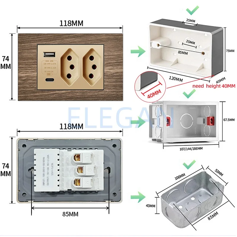 ELEGAN Gold Brazil Wood Grain Panel Standard Outlet Double USB Type C 20W Wall Power Socket Light Switch Office 118*72mm10A 20A