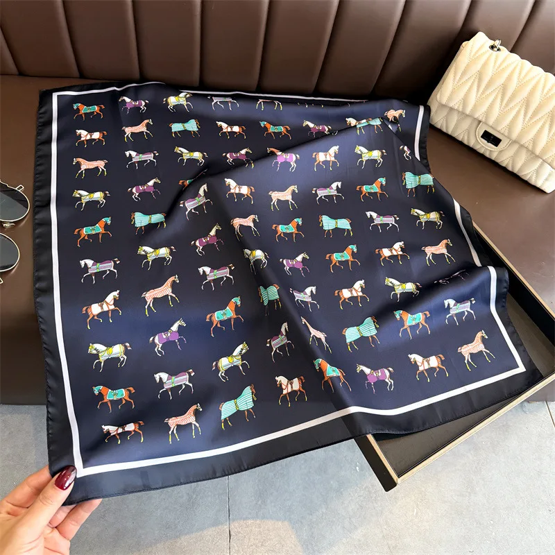 Luxury Horse Print Female Satin Neck Scarf Square Hair Scarves Foulard Head Band Shawls Wraps Neckerchief Bandana Women view 6