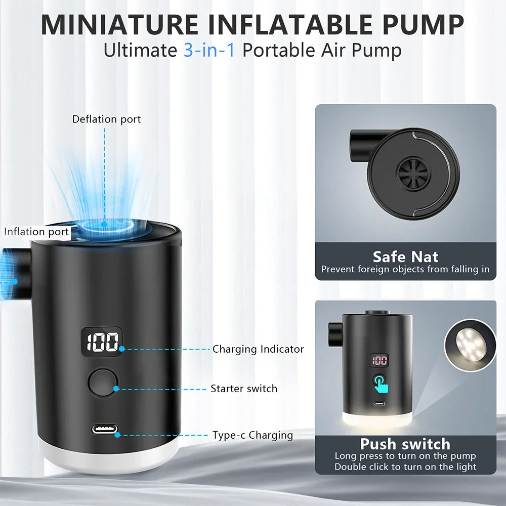 

4000mAh Mini Air Pump Portable with LCD Lantern Rechargeable for Camping Air Mattress