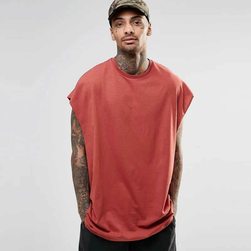 High Street Solid T-shirt Men New Casual Loose Shoulder Basketball Tank Top Hip Hop Sleeveless O-neck Sport Tops