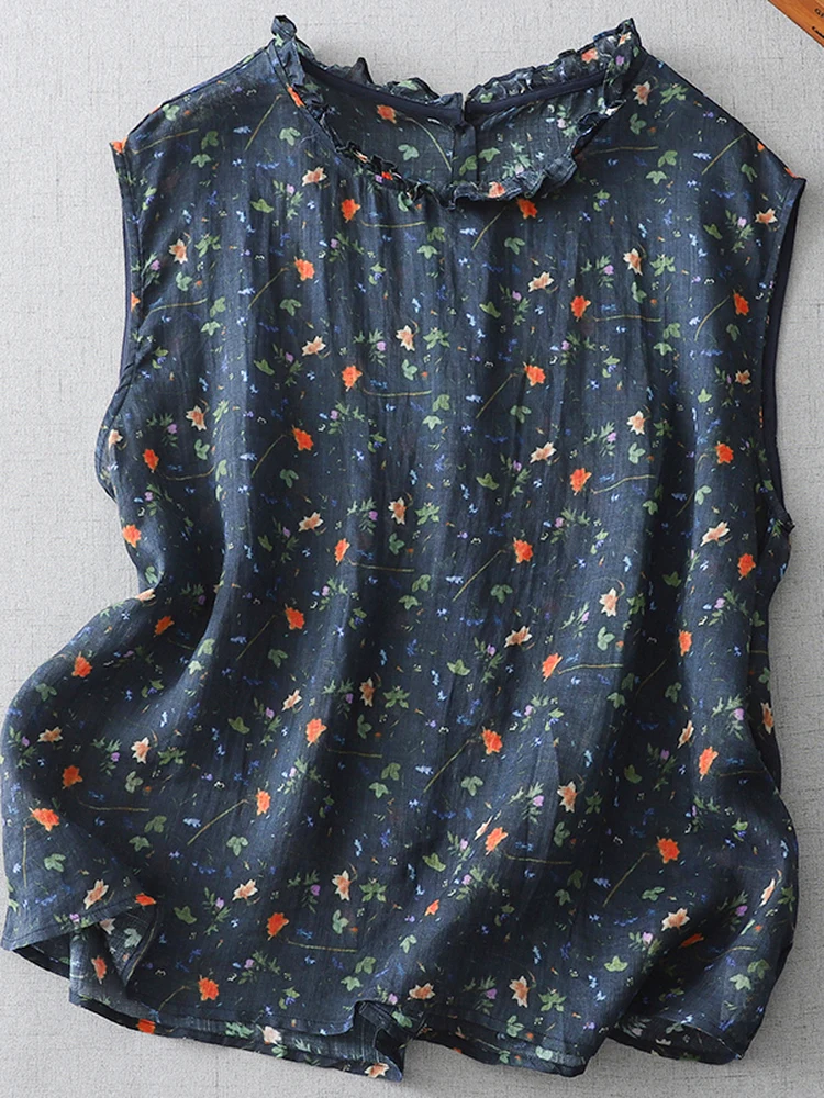 

Floral Print Cotton Linen Sleeveless Shirt Women Summer Versatile Anti Aging Wooden Collar Linen Top Small Shirt
