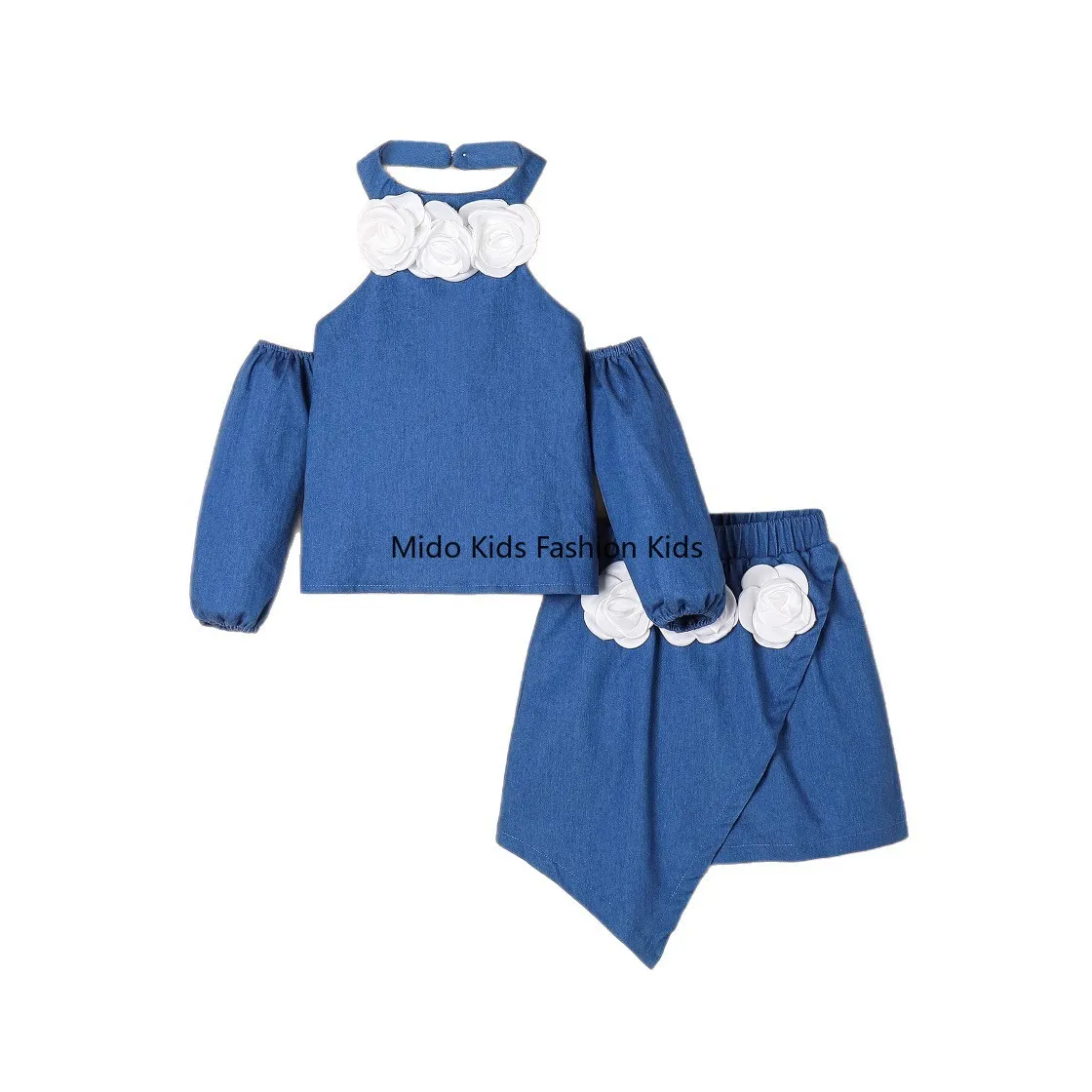 2026 Autumn New Girls 2-Piece Set, Halter Off Shoulder Long Sleeve Floral Top & Solid Color Irregular Skirt for 2-7Y