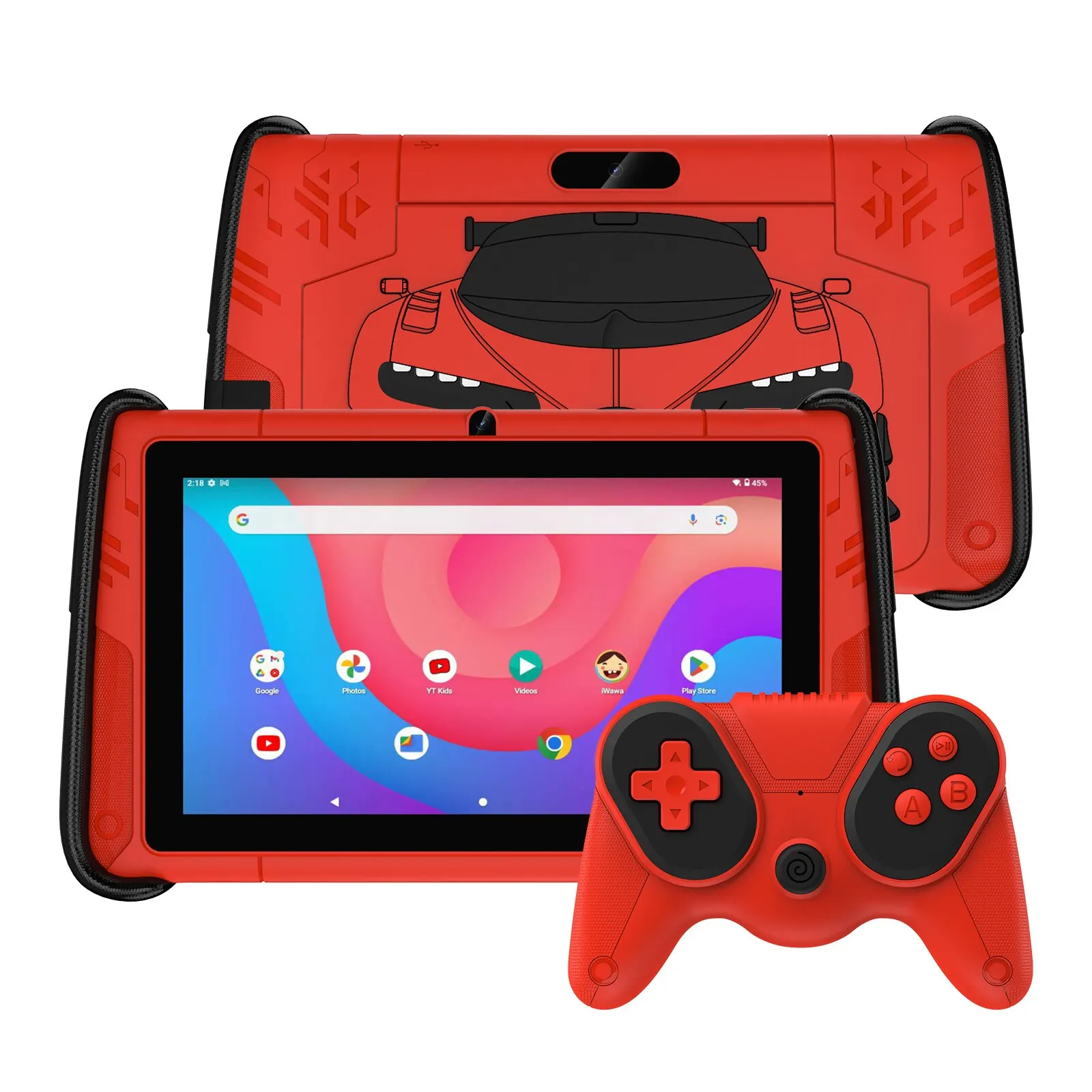 PRITOM-Tableta Android 12 de 7 pulgadas para niños, 4GB de RAM, 64GB de ROM, Software preinstalado para niños, WiFi, con funda con forma de coche deportivo genial