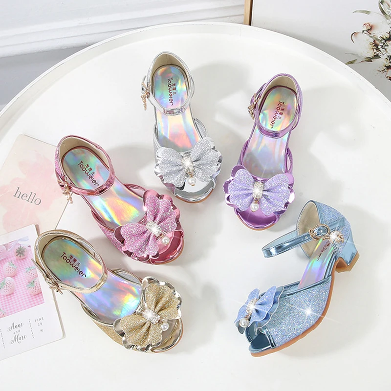 Summer 2024 High Heels Shoes for Girls Pageant Kids Sandals Child Mary Jane Shiny Princess Elsa Cinderella Party Dress Up Shoes