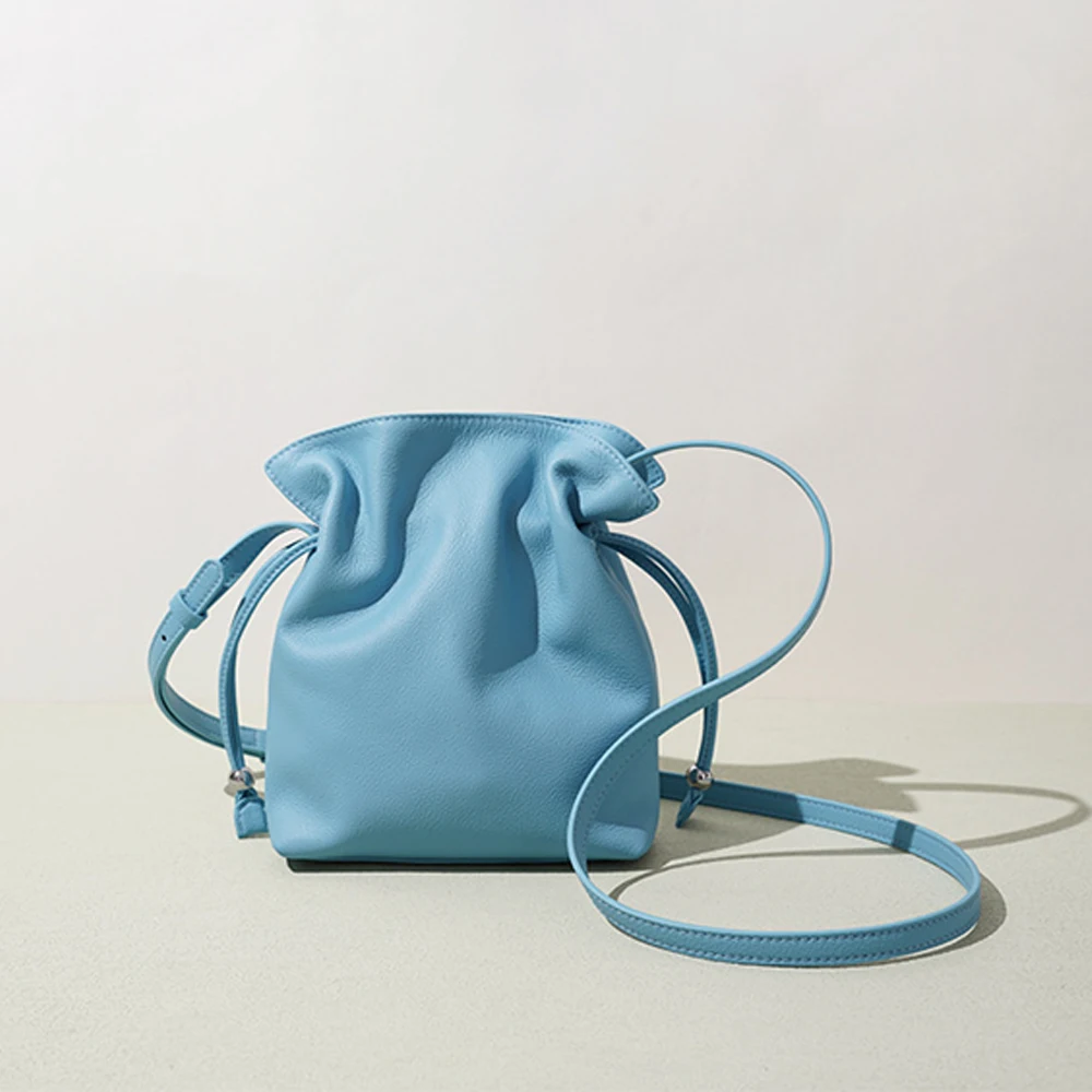 SHELKSBAG Women Drawstring Bucket Bag Minimalist Solid Color Soft Genuine Leather Crossbody Bag Casual Small Shoulder Purse
