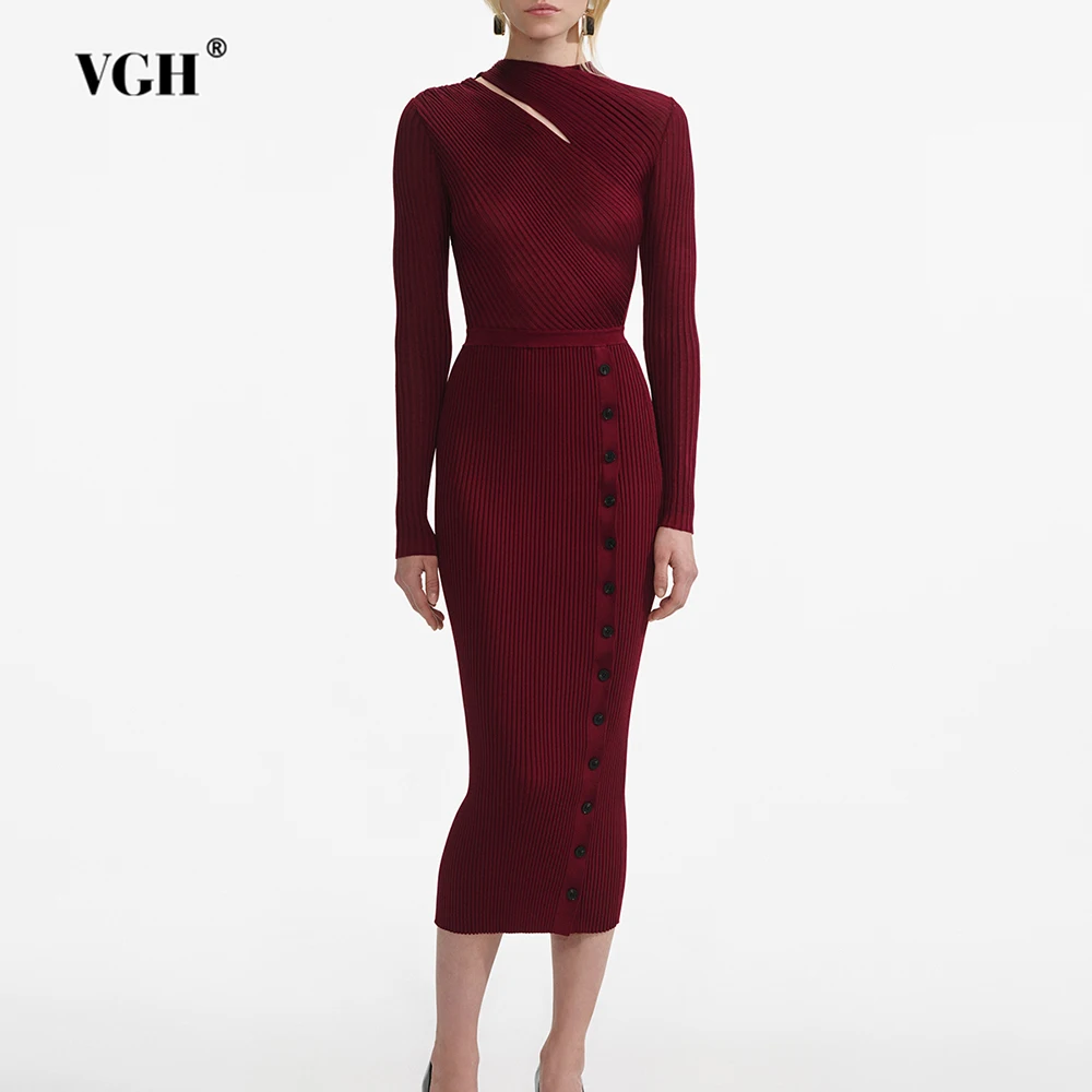 

VGH Temperament Vintage Solid Dresses For Women Round Neck Long Sleeve High Waist Elegant Slimming Dress Knitted Dress Female