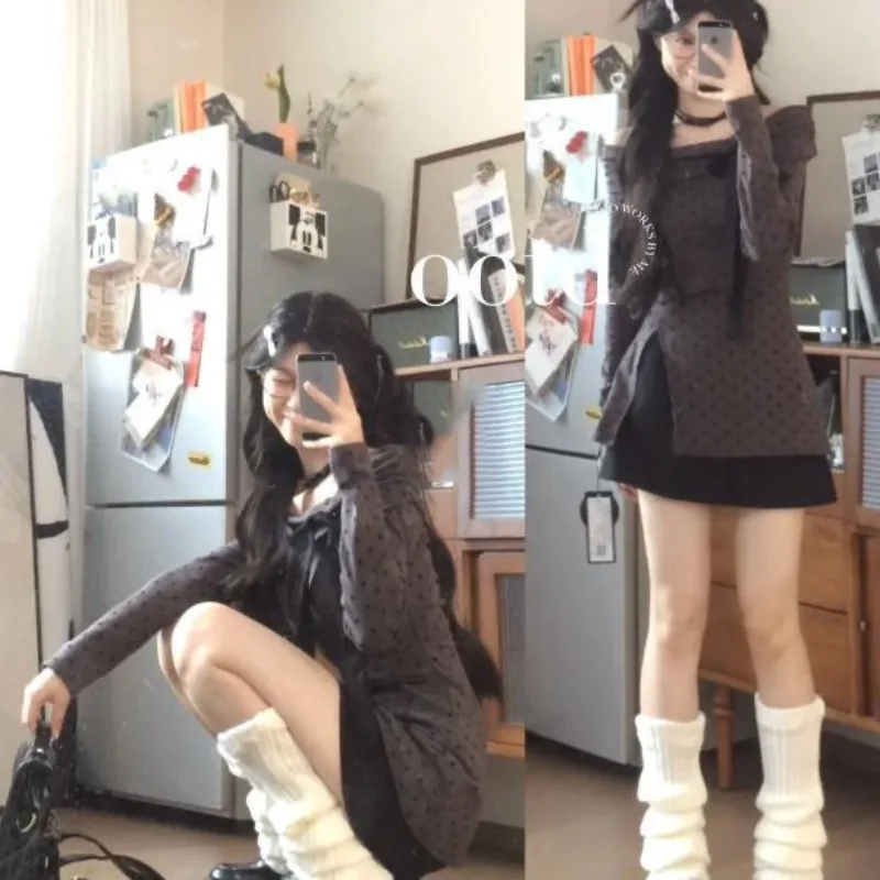 Korean All Match Off The Shoulder Wave Point Side Split Tops Solid Sexy Slim Skirts Y2k Aesthetic Streetwear Girl Two Piece Sets