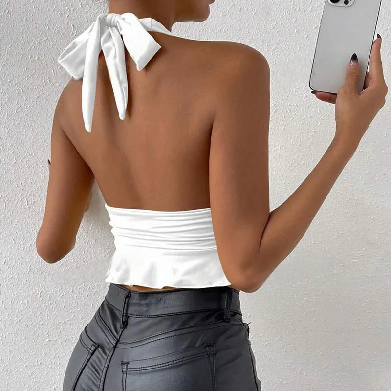 Women Sexy Deep V-neck Halter Tank Tops Summer Sleeveless Backless Vacation Beach Crop Tops Fashion Ruffle Low-cut Clubwear Vest