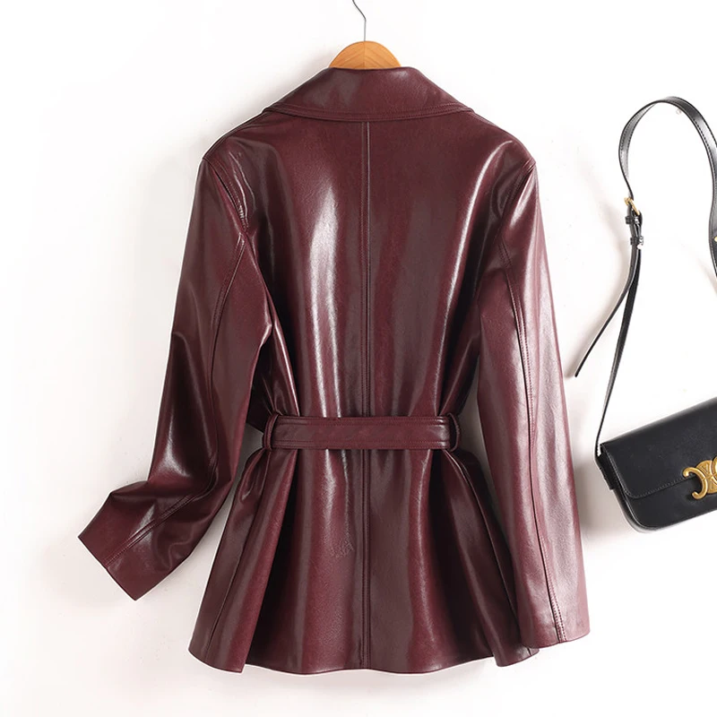 2026 AW Chic Wine Red Split Sheepskin Blazer Women Classic Double Breasted Leather Coat Slim Fit Belted Split Lambskin Jacket