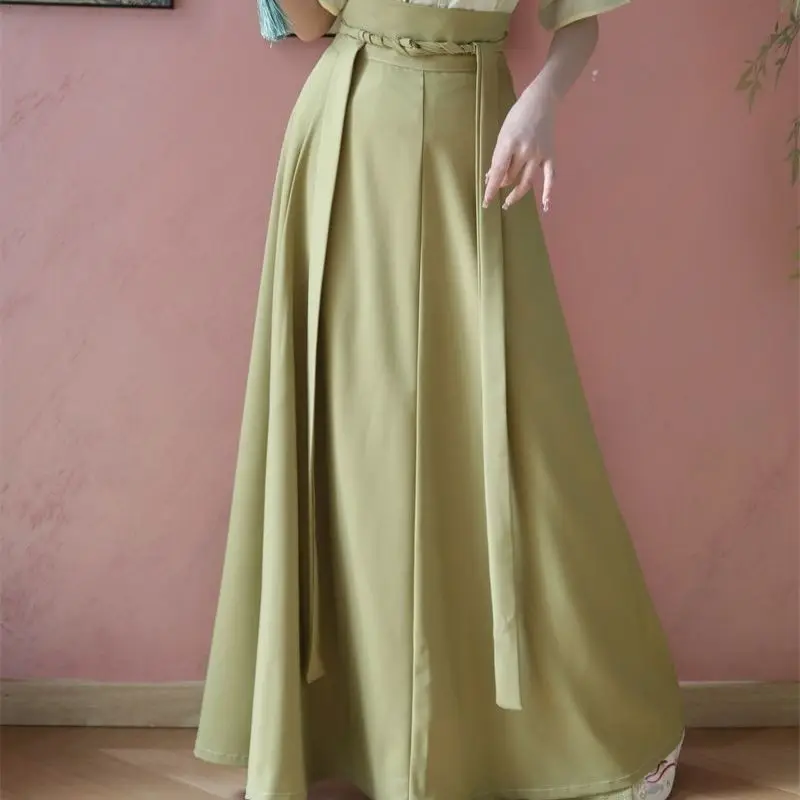 تنورة Hanfu ذات ثمانية ربطات عنق، تنورة من قطعة واحدة بطول الخصر، مناسبة يومية مع لون خالص، متعددة الاستخدامات للتنقل