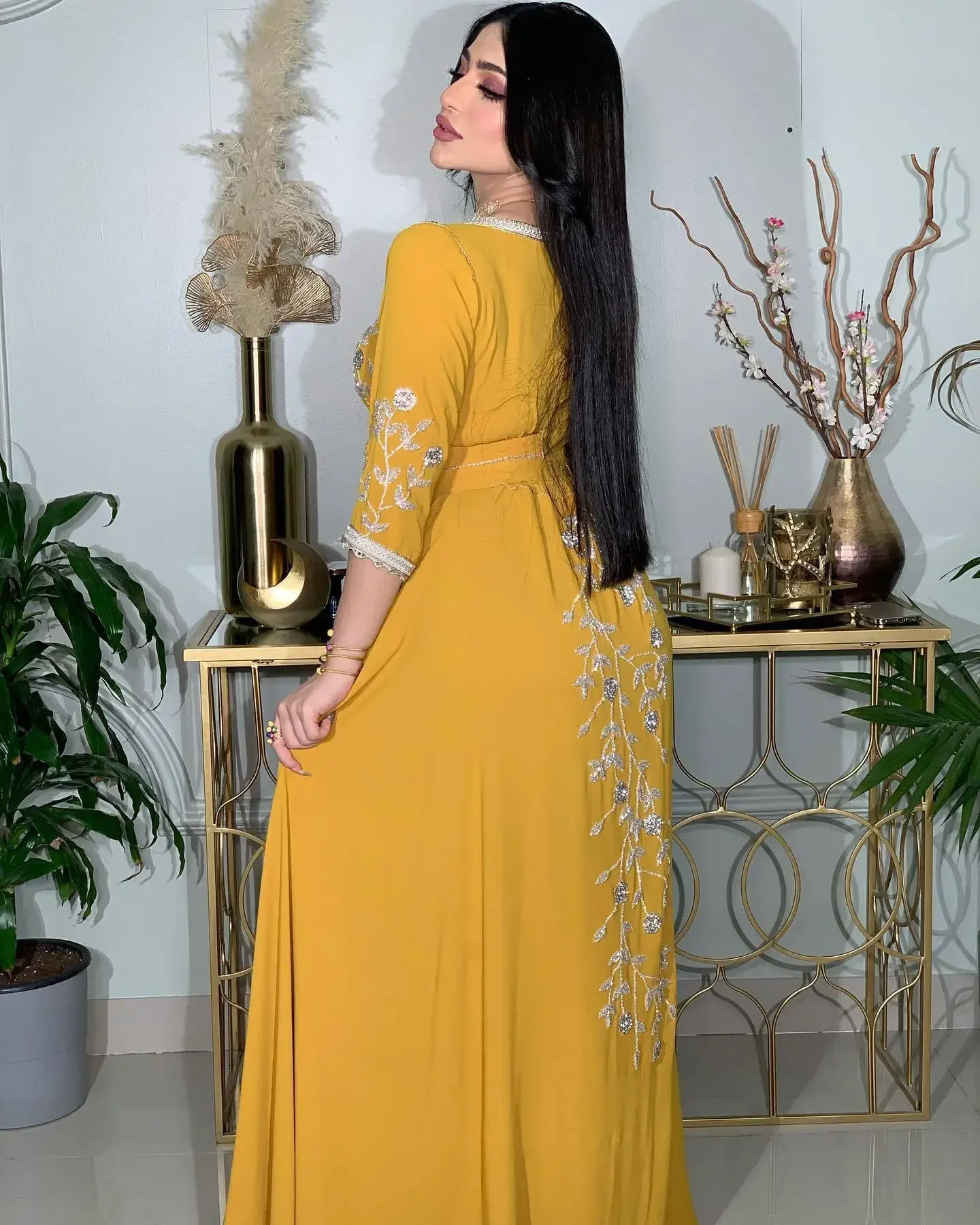 Elegant Eid Muslim Evening Party Jalabiya Marocain Dress Ramadan Arabic Yellow Embroidery Abaya Islamic Turkish Moroccan Kaftan