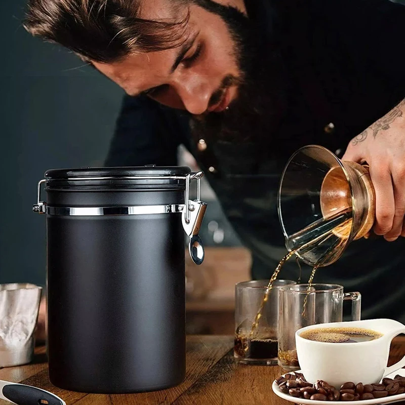 1,5L roestvrijstalen luchtdichte koffiecontainer met lepel, perfect voor koffiebonen of theevoedselopslagcontainer