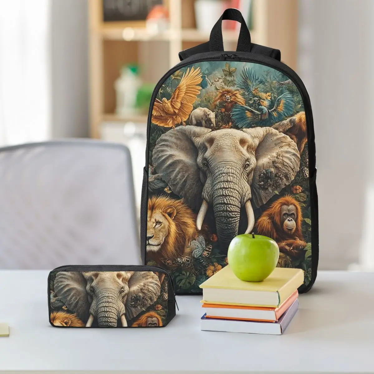 African Savanna Wildlife Theme Backpack Student BookBag School Bag Shoulder Bags 3ps Insulated Lunch Bag Pencil Case