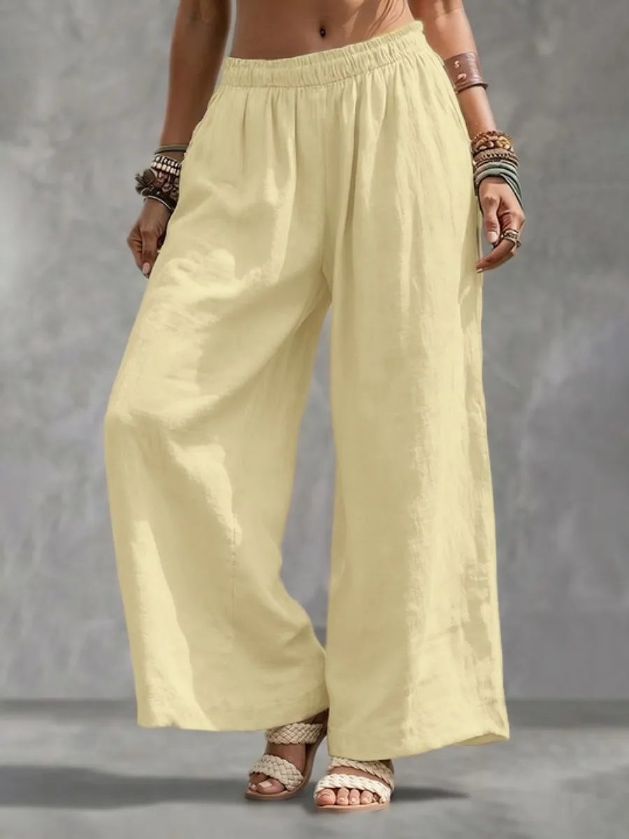 

Onecozyday Women's Minimalist Solid Color Relax Fit Wide Leg Pants Stretch Elastic Waist Breathable Vacation Casual Trousers