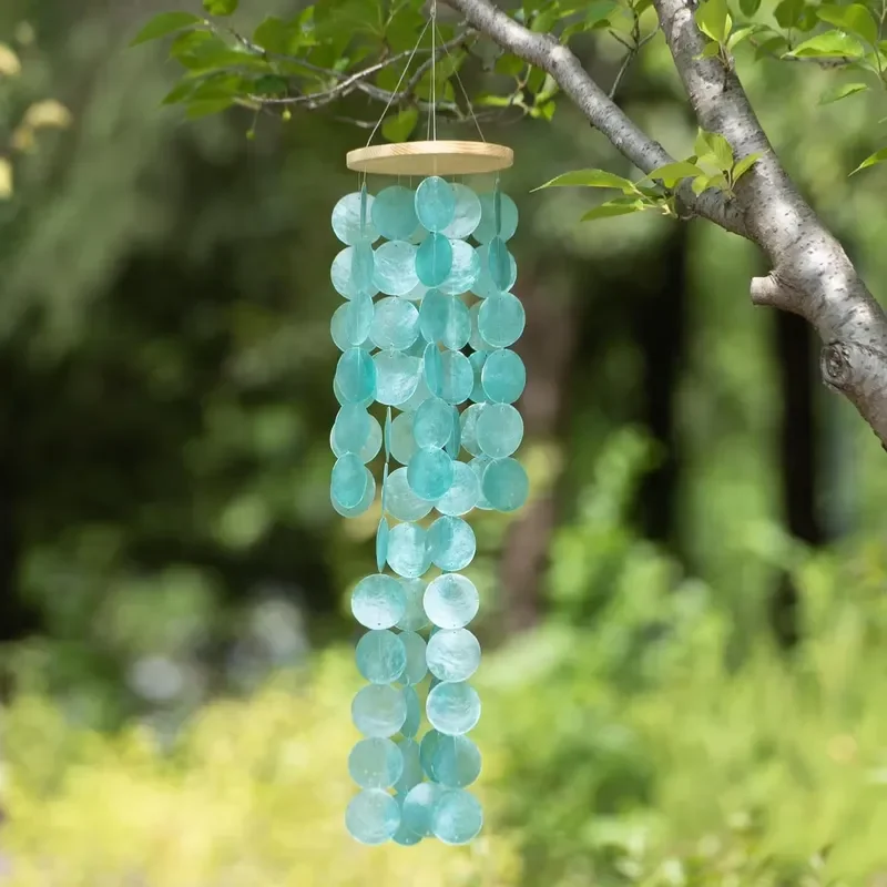 Outdoor Wind Chimes - 31 inch handmade turquoise Capiz shell wind chimes for garden, coastal style, beach wedding hanging